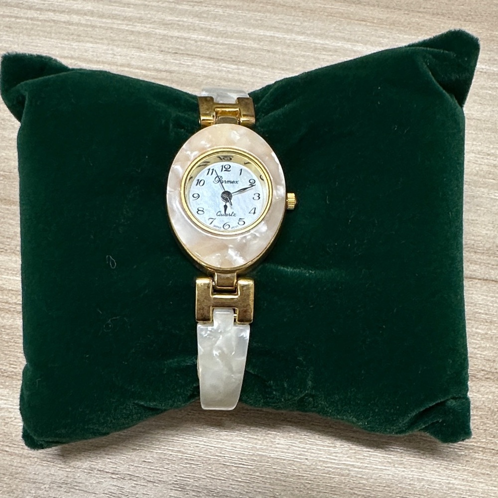 Elegant Gold and Cream Parmex Quartz Mother of Pearl Watch Excellent Condition